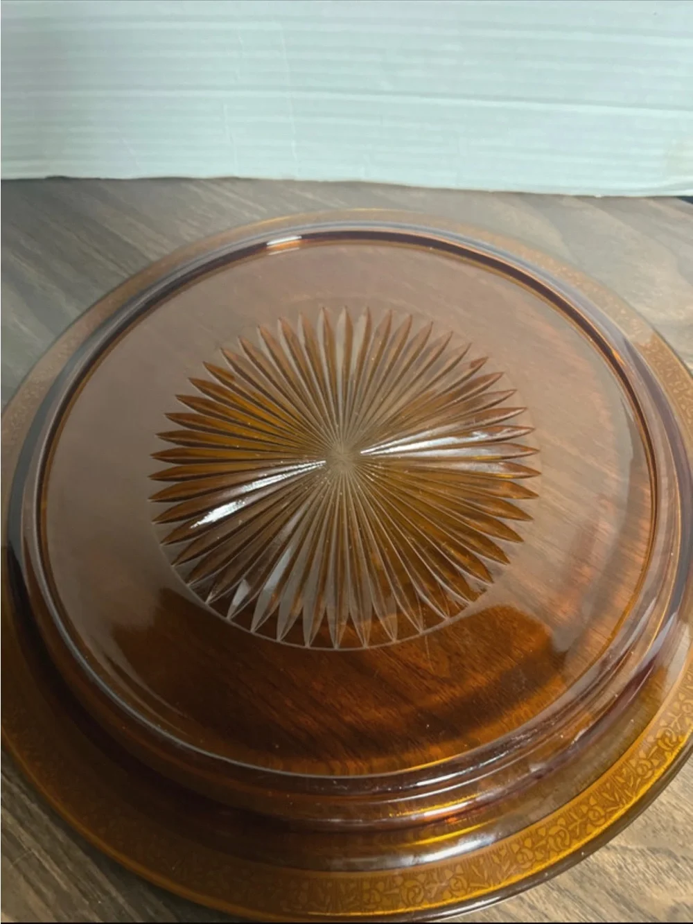Vintage Amber Glass Serving Platter with Gold-Tone Rim
